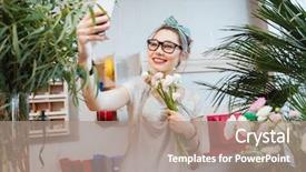  Presentation with happy camper - Slide deck enhanced with cell phone selling - happy pretty young woman florist background and a coral colored foreground