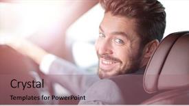  Presentation with car business - Slides enhanced with cell phone selling - portrait of an handsome smiling background and a coral colored foreground