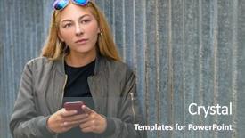  Presentation with sad girl - Beautiful presentation theme featuring cell phone wearing green bomber backdrop and a gray colored foreground