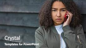  Presentation with african american teenager girl - Audience pleasing theme consisting of cell phone wearing green bomber backdrop and a dark gray colored foreground