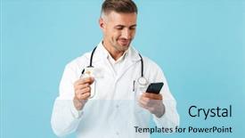  Presentation with medical protective wears - Slide set consisting of cell therapy - photo of middle-aged medical doctor background and a light blue colored foreground