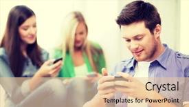  Presentation with students - Beautiful presentation design featuring education concept - students looking into phones and tablet pc at school backdrop and a lemonade colored foreground