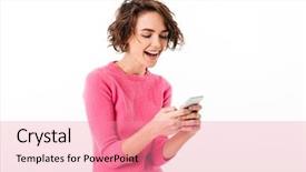  Presentation with mobile games - Cool new slide deck with obsession - portrait of an excited smiling backdrop and a sky blue colored foreground