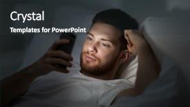  Presentation with internet communication - Colorful presentation theme enhanced with technology internet communication and people concept - young man texting on smartphone in bed at home at night backdrop and a dark gray colored foreground