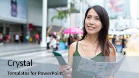  Presentation with cheerful stylish city girl using - Audience pleasing slides consisting of cellphone and holding city map backdrop and a  colored foreground