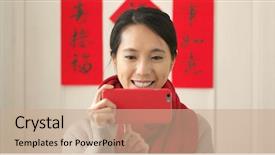  Presentation with lunar new year - Presentation theme consisting of cellphone during lunar new year background and a coral colored foreground