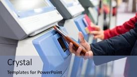  Presentation with ticket - Beautiful PPT theme featuring smart parking - woman using cellphone for paying backdrop and a light blue colored foreground