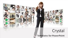  Presentation with business communications - Amazing PPT theme having business woman talk on cellphone in front of video wall business conferencing and global communications concept backdrop and a white colored foreground