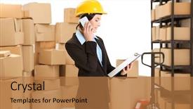  Presentation with warehouse cartoon - Amazing presentation design having cellphone in logistics company warehouse backdrop and a  colored foreground