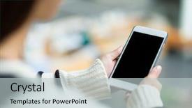  Presentation with blank - PPT theme having cellphones - woman holding the blank screen background and a light gray colored foreground