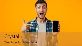  Presentation with t shirt screen print - Slides having cellular - cheerful young man wearing plaid background and a gold colored foreground