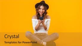  Presentation with young woman wearing boxer gloves - Beautiful slide deck featuring cellular - portrait of a cheerful young backdrop and a gold colored foreground