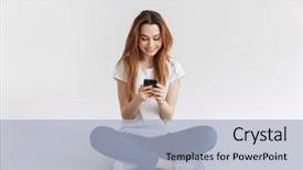  Presentation with phone - PPT layouts having cellular - portrait of a happy young background and a light blue colored foreground