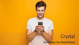  Presentation with young man on the phone - Presentation design with cellular - portrait of a happy young background and a gold colored foreground