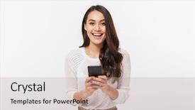  Presentation with asian - Slide set consisting of cellular - portrait of a laughing asian background and a coral colored foreground