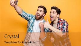  Presentation with selfie - Slide set having cellular - portrait of a two excited background and a gold colored foreground