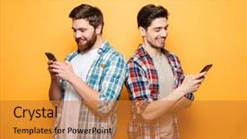  Presentation with full length portrait two men women brown sweater - Colorful slide deck enhanced with cellular - portrait of a two happy backdrop and a gold colored foreground