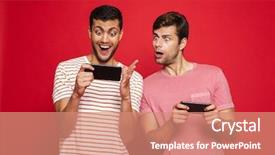  Presentation with mobile games - Presentation theme consisting of cellular - two excited men friends standing background and a coral colored foreground