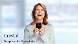  Presentation with lady justice themis statue - Slide set having happy senior lady with smartphone background and a sky blue colored foreground