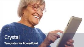  Presentation with ipad - Amazing presentation theme having senior happy woman using ipad isolated on white background backdrop and a ocean colored foreground