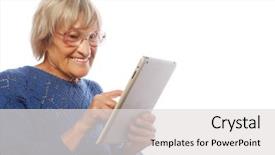  Presentation with ipad - Theme featuring senior happy woman using ipad isolated on white background background and a light gray colored foreground
