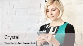  Presentation with young woman wearing boxer gloves - Cool new slide deck with young blonde woman using mobilephone backdrop and a  colored foreground