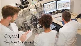  Presentation with biochemistry - Colorful presentation theme enhanced with biochemistry students using large microscope backdrop and a mint green colored foreground