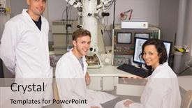  Presentation with biochemistry - PPT layouts featuring biochemistry students using large microscope and computer at the university background and a mint green colored foreground