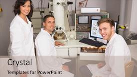  Presentation with biochemistry - PPT theme having biochemistry students using large microscope and computer at the university background and a mint green colored foreground