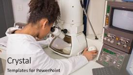  Presentation with biochemistry - PPT theme consisting of biochemistry students using large microscope and computer at the university background and a soft green colored foreground