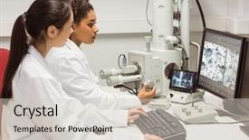  Presentation with computer science university - Cool new presentation theme with science students looking at microscopic image on computer at the university backdrop and a lemonade colored foreground