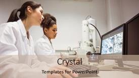  Presentation with computer science university - Theme enhanced with female lab coat - science students looking at microscopic background and a light gray colored foreground