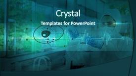  Presentation with blue line - Presentation theme having scientist in protective suit working with green cell diagram interface against ecg line in blue and black background and a ocean colored foreground