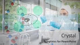  Presentation with blue line - Presentation enhanced with scientist in protective suit working with green cell diagram interface against dna helix in blue and red with ecg line background and a light gray colored foreground