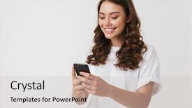  Presentation with communication - PPT theme enhanced with cellular communication - portrait of a smiling young background and a light gray colored foreground