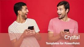  Presentation with two men on a judo - Slide set having cellular communication - two cheerful men friends standing background and a coral colored foreground