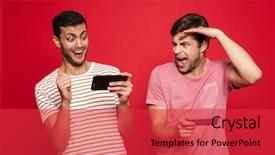  Presentation with mobile games - Beautiful slide set featuring cellular communication - two excited men friends standing backdrop and a red colored foreground