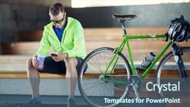 Presentation with man sitting bench - Audience pleasing presentation theme consisting of photo of man in sunglasses with glass and phone in hands sitting on bench next to bicycle backdrop and a ocean colored foreground