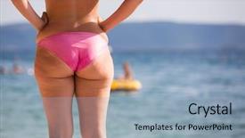  Presentation with man watching woman preparing vegetables - Theme having cellulite - woman in pink bikini background and a light blue colored foreground