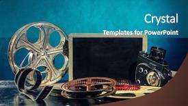  Presentation with film - Slide deck featuring celluloid - retro film production accessories still background and a teal colored foreground
