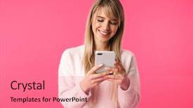  Presentation with mobile network - Colorful theme enhanced with cellural network - cheerful young blonde woman wearing backdrop and a coral colored foreground