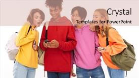  Presentation with teenagers - PPT layouts with cellural network - group of cheerful teenagers isolated background and a coral colored foreground
