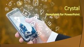  Presentation with smartphone - Audience pleasing theme consisting of cellural network - hand holding smartphone with media backdrop and a tawny brown colored foreground