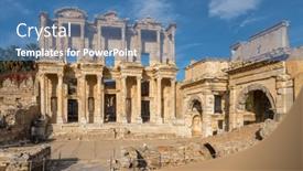  Presentation with library - Beautiful slide set featuring celsius-library-in-ancient-city backdrop and a teal colored foreground