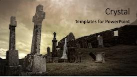  Presentation with ancient cross - Audience pleasing PPT layouts consisting of celtic cross - spooky graveyard surrounding ancient ruin backdrop and a coral colored foreground