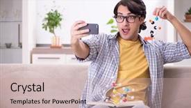  Presentation with test exam student - Cool new theme with celular molecular - young student physicist preparing backdrop and a  colored foreground