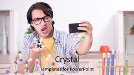  Presentation with exam - PPT theme featuring celular molecular - young student physicist preparing background and a  colored foreground