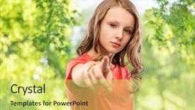  Presentation with long hair - Slide set consisting of censure - accusing gesture and people concept background and a yellow colored foreground