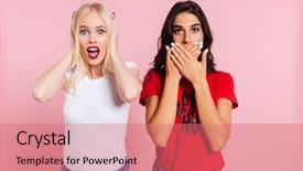  Presentation with woman covering man mouth hand - Colorful slide deck enhanced with censure - surprised blonde woman covering her backdrop and a coral colored foreground