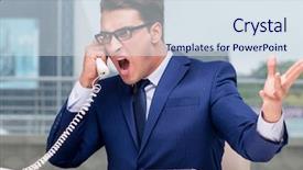  Presentation with call center performance reporting - Theme featuring center employee yelling at customer background and a sky blue colored foreground